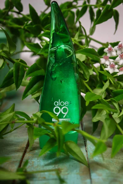 Rusya, Udachnyy, 05/01/2019 Universal Washable Aloe Jel %99 Yatıştırıcı Jel. Korece büyük yüz bakımı için anlamına gelir. Arka planda bitkinin yaprakları ile mavi dokulu bir substrat üzerinde.