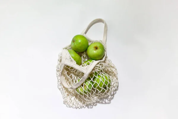 Pommes Fraîches Dans Sac Ficelle Produit Respectueux Environnement Sur Fond — Photo