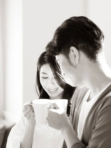 Young Asian Woman Man Home Cup Coffee Hands Black White — Stock Photo, Image