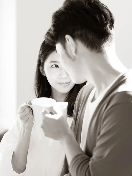 Young Asian Woman Man Home Cup Coffee Hands Black White — Stock Photo, Image