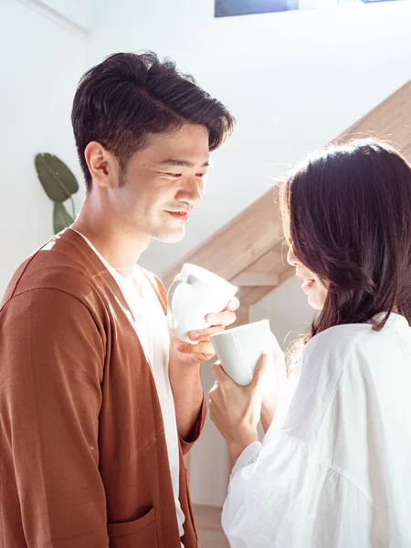 Young Asian Woman Man Enjoying Spending Time Together Home Cup — Stock Photo, Image
