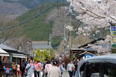 Japonya, Oita 'da Yufuin caddeleri ön cephede. Turistik bir kasaba ve turistik turlar için popüler bir yer.