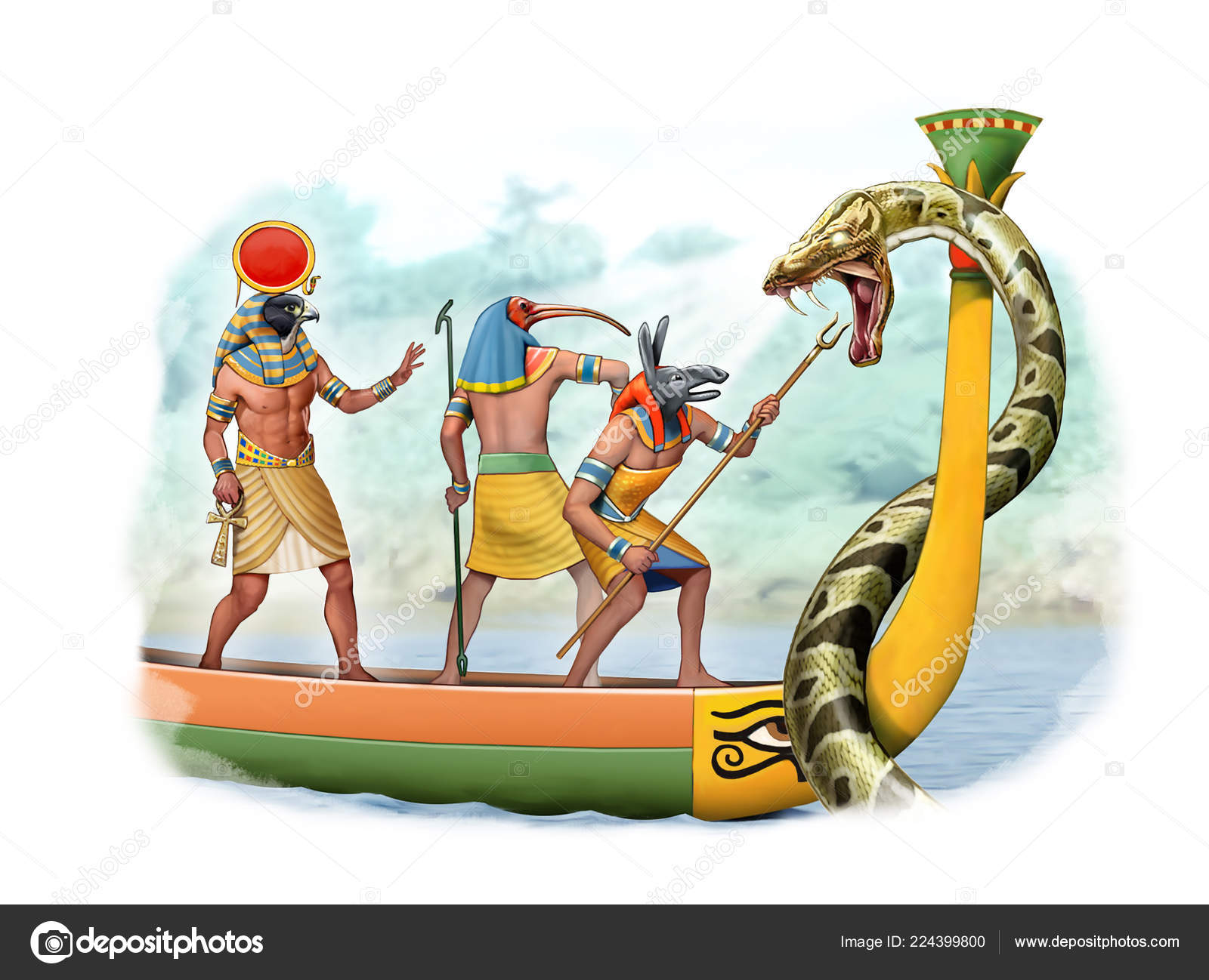 巨大なヘビの戦い古代エジプト神のカラー イラスト— ストックイラストレーション by © Legrandjoni #224399800, image size:1600x1298