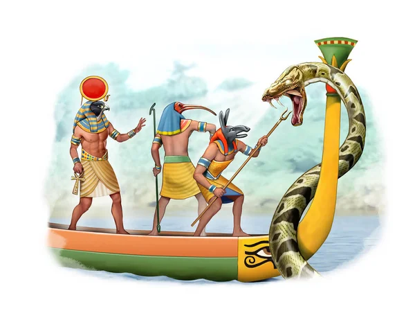 Colour illustration of ancient Egypt God fighting a giant snake