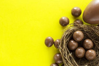 Çikolata yumurta kuş içinde iç içe, Paskalya tatil dekorasyon, Paskalya kavramı arka plan. Yumurta avlamak.
