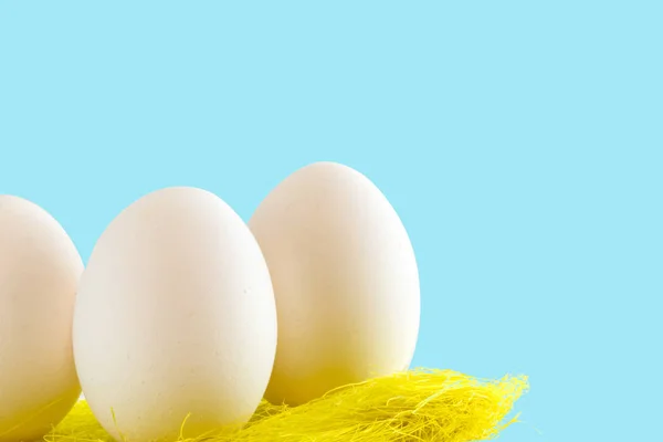 White eggs in bird nest , Easter holiday decorations , Easter concept background. Eggs hunt. — Stock Photo, Image