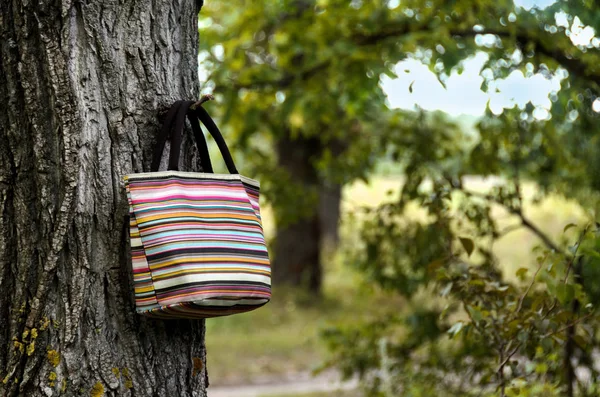 Small bag hanging on the summer tree