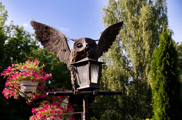 Kovové Lampy Sova Letním Parku — Stock fotografie