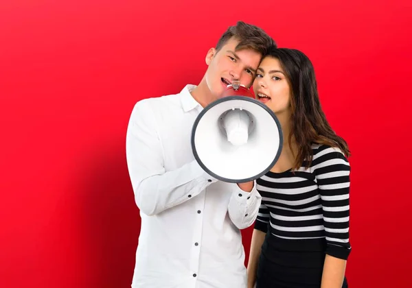 Young Teenager Couple Holding Megaphone — Stock Photo, Image