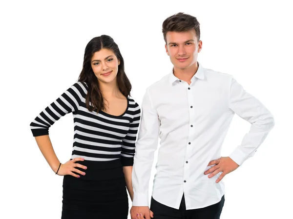 Casal Jovem Posando Com Braços Quadril Fundo Branco Isolado — Fotografia de Stock