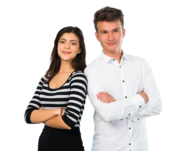 Jovem Casal Mantendo Braços Cruzados Fundo Branco Isolado — Fotografia de Stock