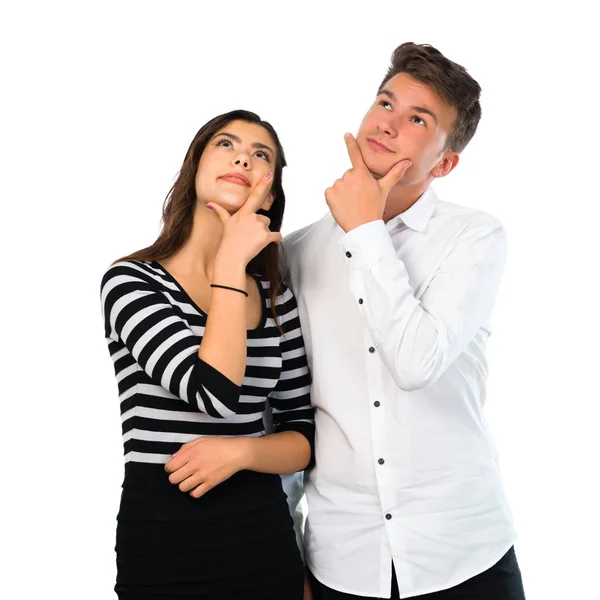 Young Couple Standing Thinking Idea Isolated White Background — Stock Photo, Image