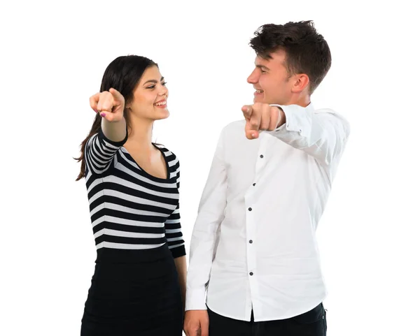 Young Couple Pointing Finger Someone Laughing Lot Isolated White Background — Stock Photo, Image