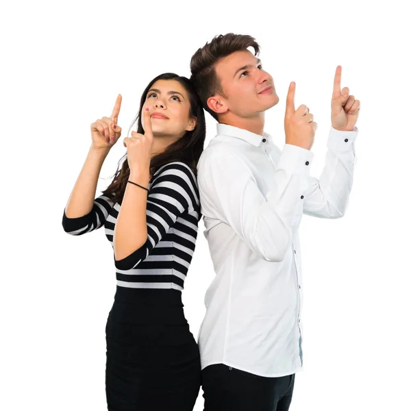 Young Couple Pointing Index Finger Great Idea Isolated White Background — Stock Photo, Image