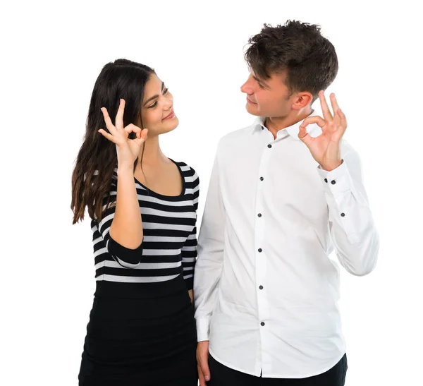 Young Couple Showing Sign Fingers Isolated White Background — Stock Photo, Image