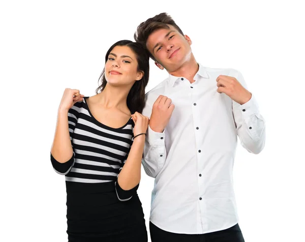 Young Couple Proud Self Satisfied Love Yourself Concept Isolated White — Stock Photo, Image