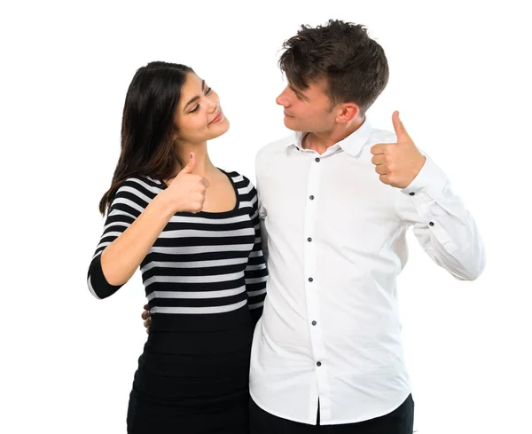 Young Couple Giving Thumbs Gesture Smiling Isolated White Background — Stock Photo, Image