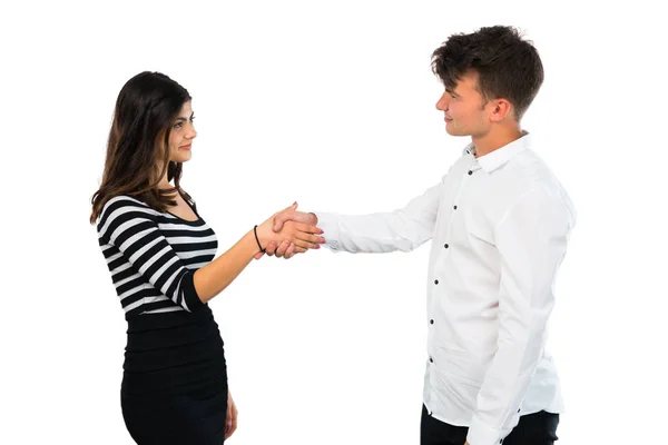 Jovem Casal Handshaking Depois Bom Negócio Fundo Branco Isolado — Fotografia de Stock