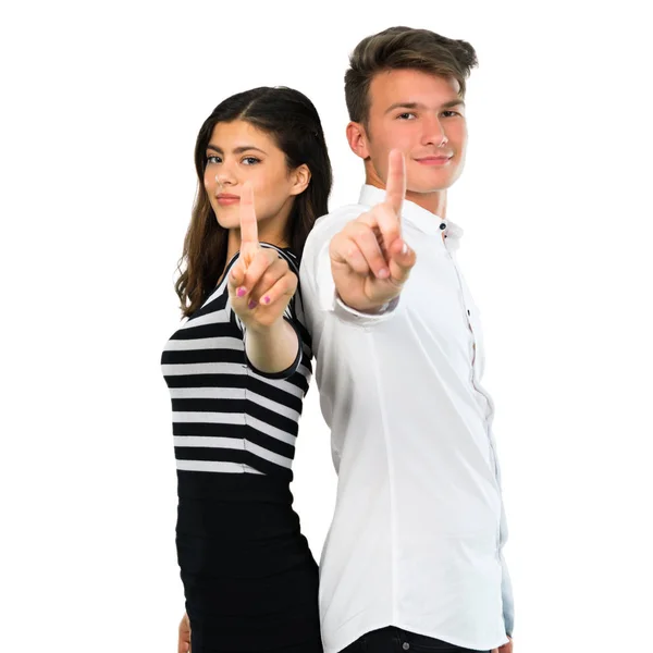 Young Couple Counting Number One Sign Isolated White Background — Stock Photo, Image