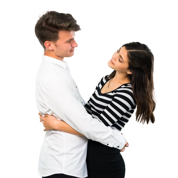 Jonge Tiener Paar Knuffelen Geïsoleerde Witte Achtergrond — Stockfoto