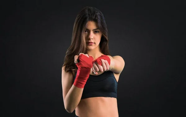 Young Sport Girl Boxing Bandages Black Background — Stock Photo, Image