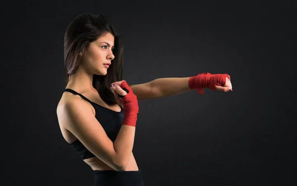 Young Sport Girl Boxing Bandages Black Background — Stock Photo, Image