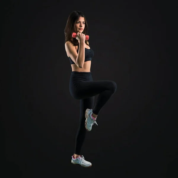 Young Sport Girl Making Weightlifting Black Background — Stock Photo, Image