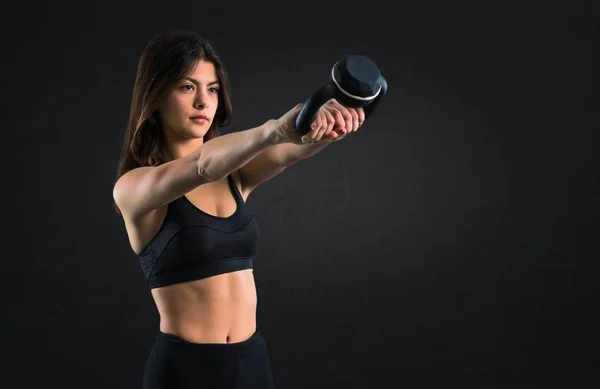 Young Sport Girl Kettlebell Black Background — Stock Photo, Image