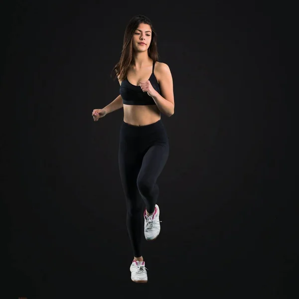 Young Sport Girl Running Black Background — Stock Photo, Image