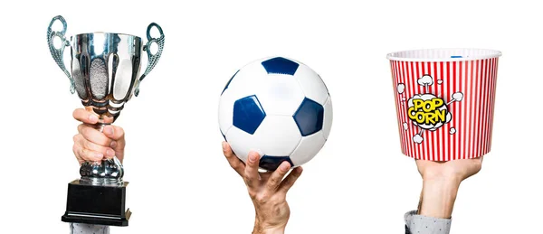 Mano Dell Uomo Che Tiene Pallone Calcio Trofeo Una Ciotola — Foto Stock