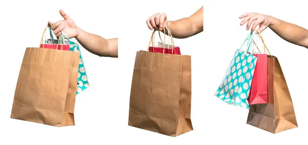 Set Hands Holding Shopping Bags Isolated White Background — Stock Photo, Image
