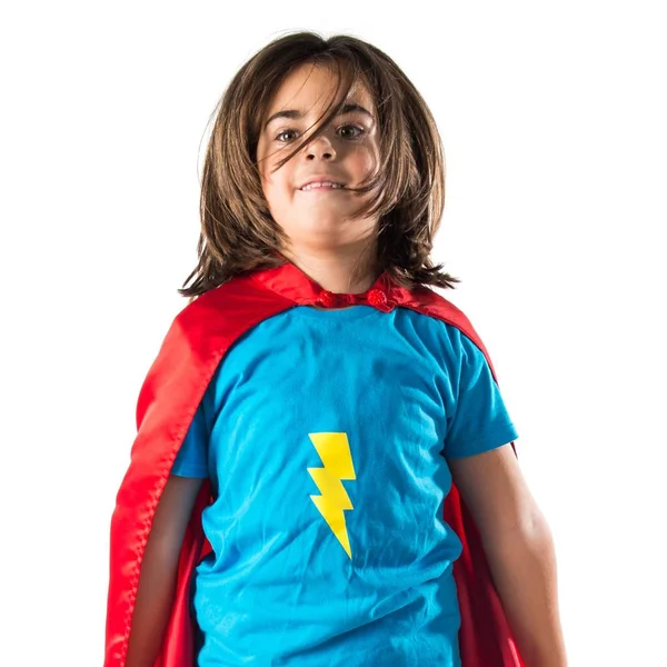 Cute Little Girl Dressed Superhero Jumping — Stock Photo, Image