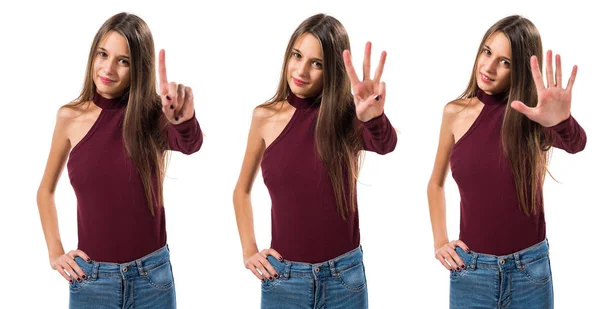 Ung Tonåring Flicka Räknar Tre — Stockfoto