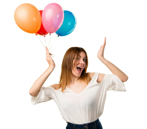 Vacker Ung Flicka Håller Ballong Och Gör Överraskning Gest — Stockfoto