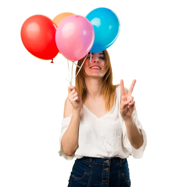 Beautiful Young Girl Holding Balloon Making Victory Gesture — Stock Photo, Image