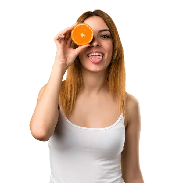 Verrückte Schöne Junge Mädchen Mit Orangenscheiben Als Brille — Stockfoto