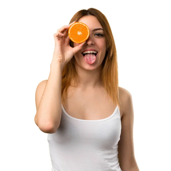 Loca Hermosa Chica Joven Con Rodajas Naranja Como Gafas —  Fotos de Stock