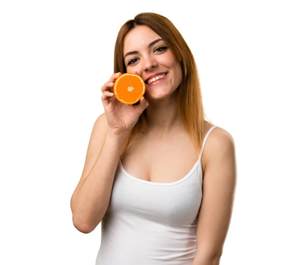 Portakal Suyu Tutan Güzel Genç Kız — Stok fotoğraf
