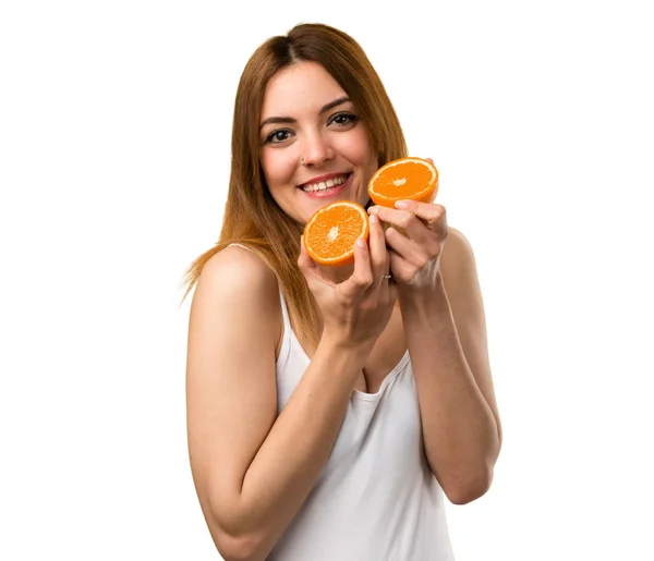 Menina Bonita Segurando Suco Laranja — Fotografia de Stock