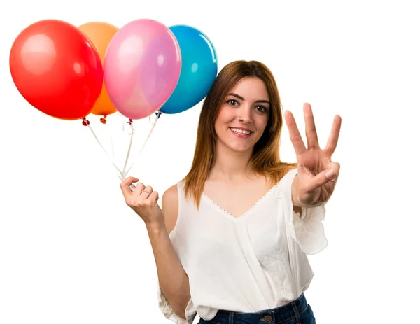 Menina Bonita Segurando Balão Contando Três — Fotografia de Stock