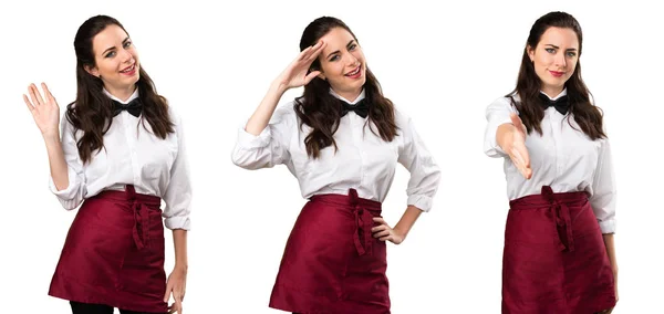 Zestaw Młode Piękne Kelnerki Pozdrawiając — Zdjęcie stockowe