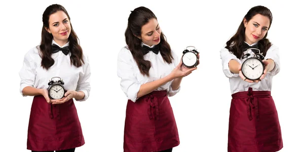 Set Young Beautiful Waitress Holding Vintage Clock — Stock Photo, Image