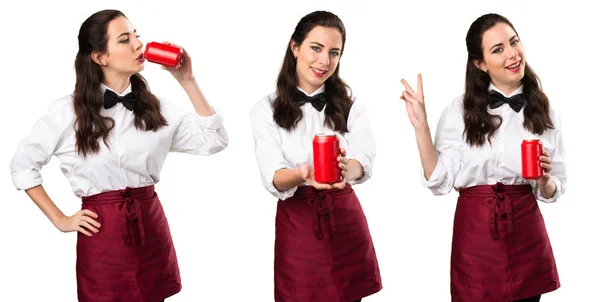 Set of Young beautiful waitress with a can