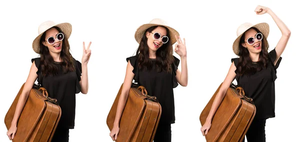 Set of Beautiful young girl with  a suitcase making OK sign