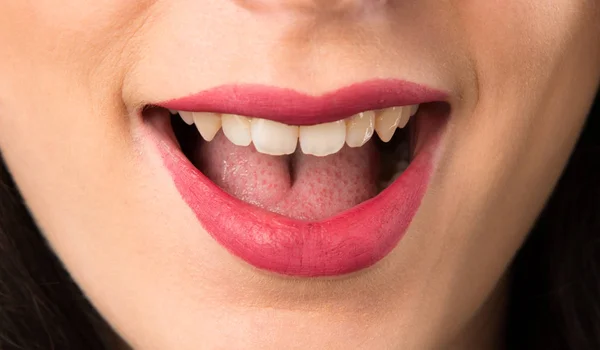 Macro Close Lips Young Woman Making Surprise Gesture — Stock Photo, Image