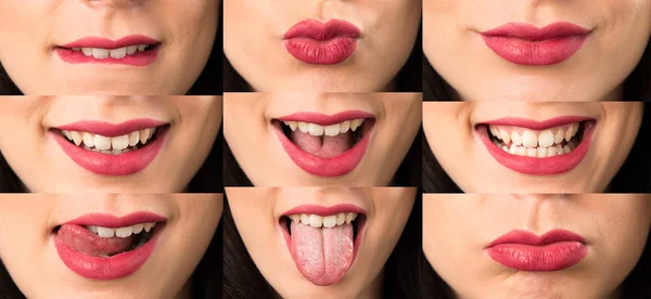 Set Macro Close Lips Young Woman Taking Out Her Tongue — Stock Photo, Image