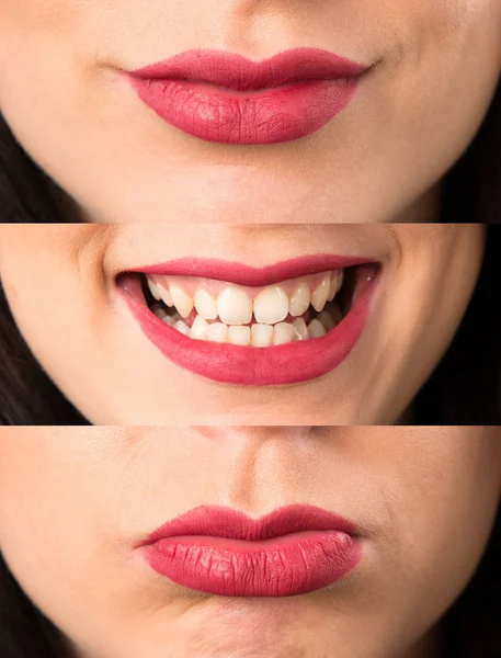 Ayarla makro - kadar mutlu genç kadının dudakları kapatmak