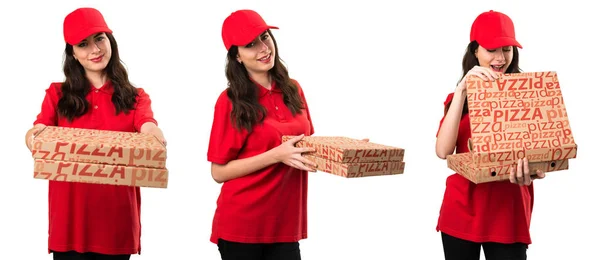 Conjunto Mulher Entrega Pizza Feliz — Fotografia de Stock