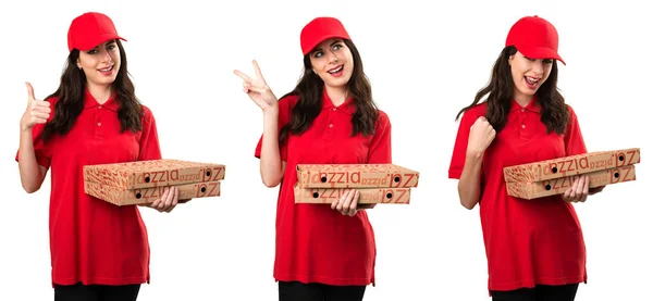 Conjunto Mulher Entrega Pizza Fazendo Gesto Vitória — Fotografia de Stock