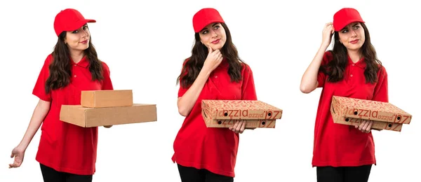 Conjunto Entrega Pizza Mulher Pensando — Fotografia de Stock